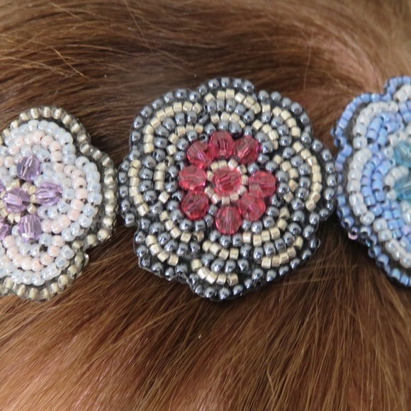 Beaded Flower Headband with Faceted Swarovski Crystals in Pink and Aquamarine main image 7